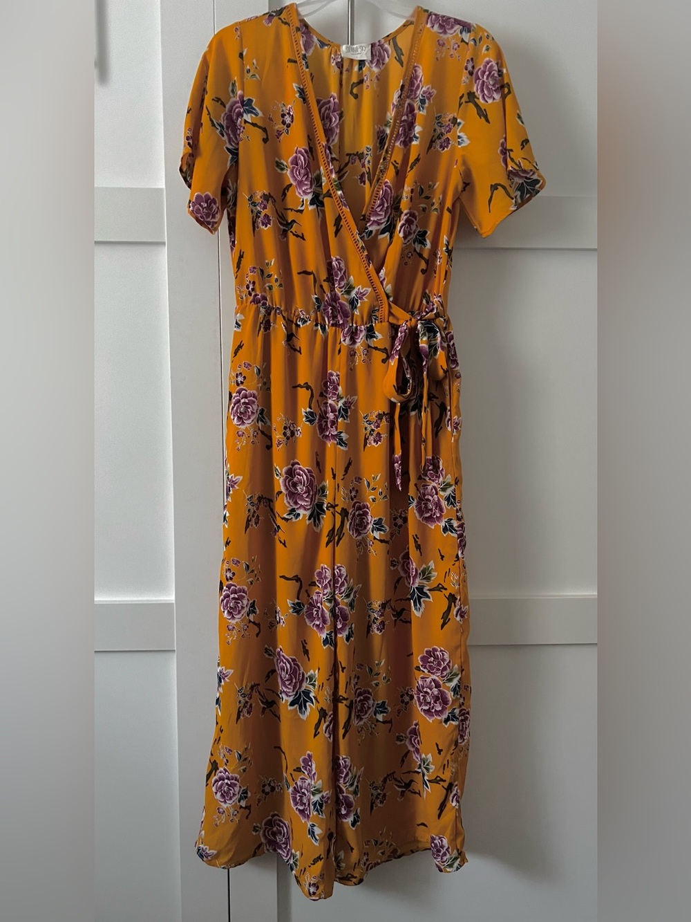 Sienna Sky Mustard Floral Wrap Jumpsuit with Purple Roses
